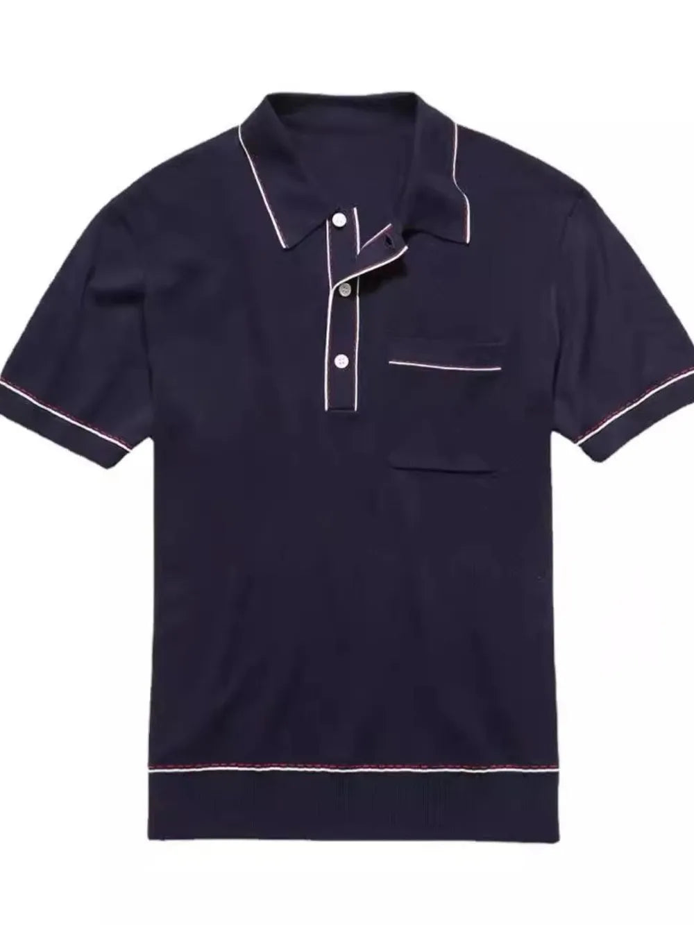 Navy ribbed knit polo shirt with contrast trim and chest pocket