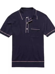 Navy ribbed knit polo shirt with contrast trim and chest pocket