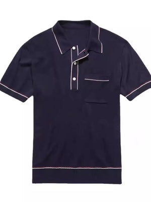 Navy ribbed knit polo shirt with contrast trim and chest pocket