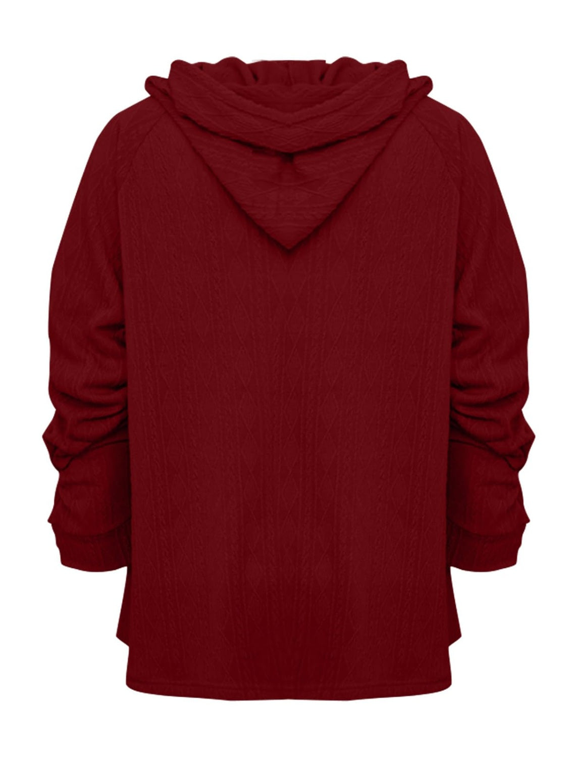 Burgundy textured knit raglan hoodie with a relaxed fit and ruched sleeves.