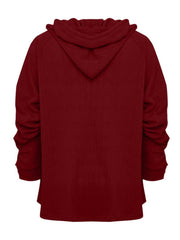 Burgundy textured knit raglan hoodie with a relaxed fit and ruched sleeves.