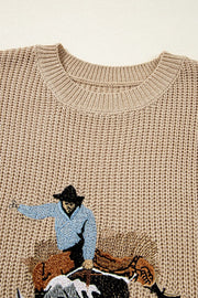 Tan knit tank top with embroidered cowboy riding a horse detail