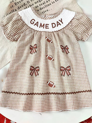Children's Gingham Football Puff Sleeve Dress in Brown, front view