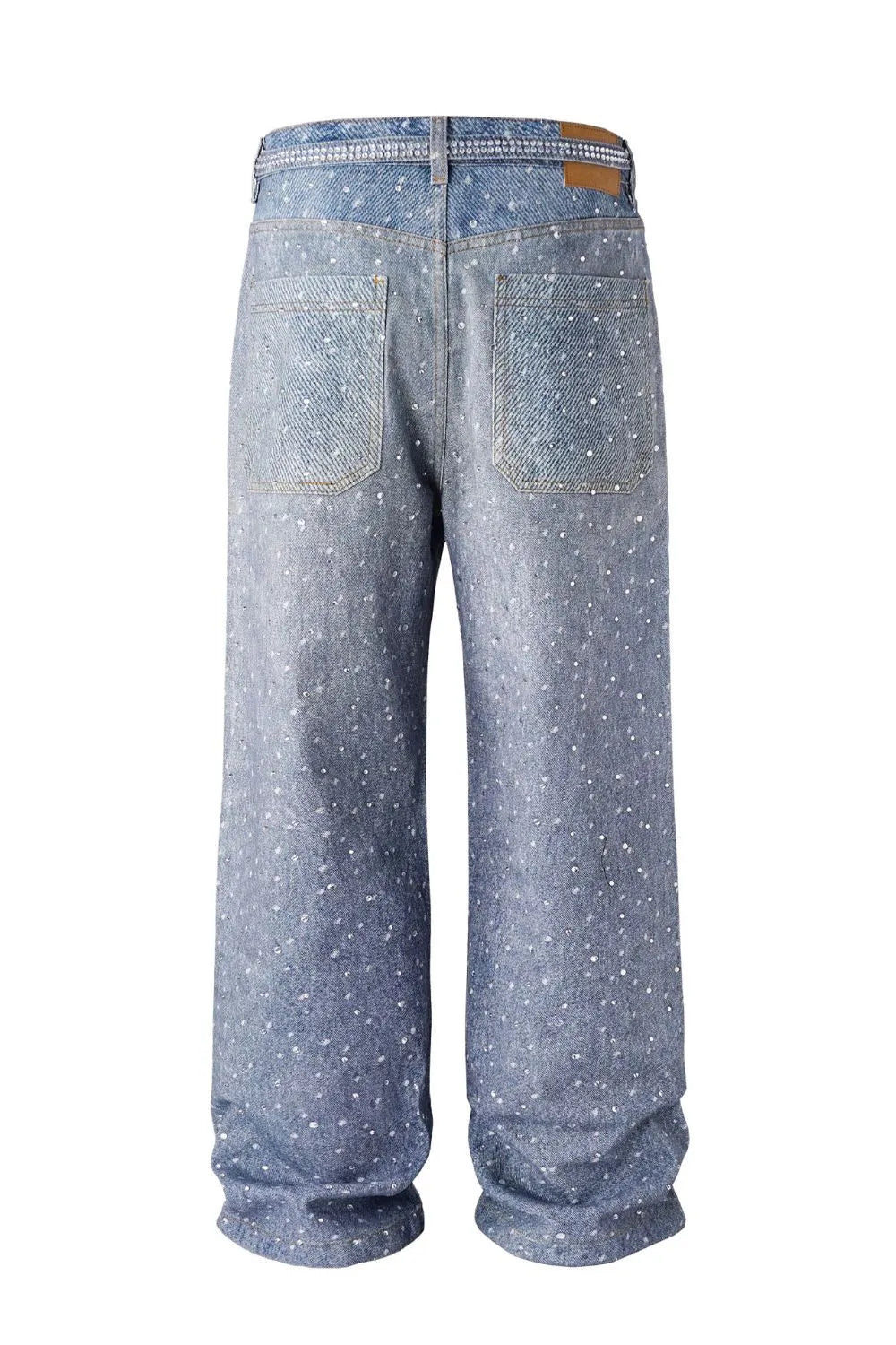 Ombré crystal embellished wide leg jeans in dark wash denim with scattered rhinestones.