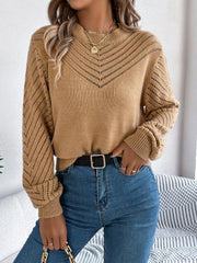 Camel openwork chevron knit sweater with blouson sleeves and a crew neck.