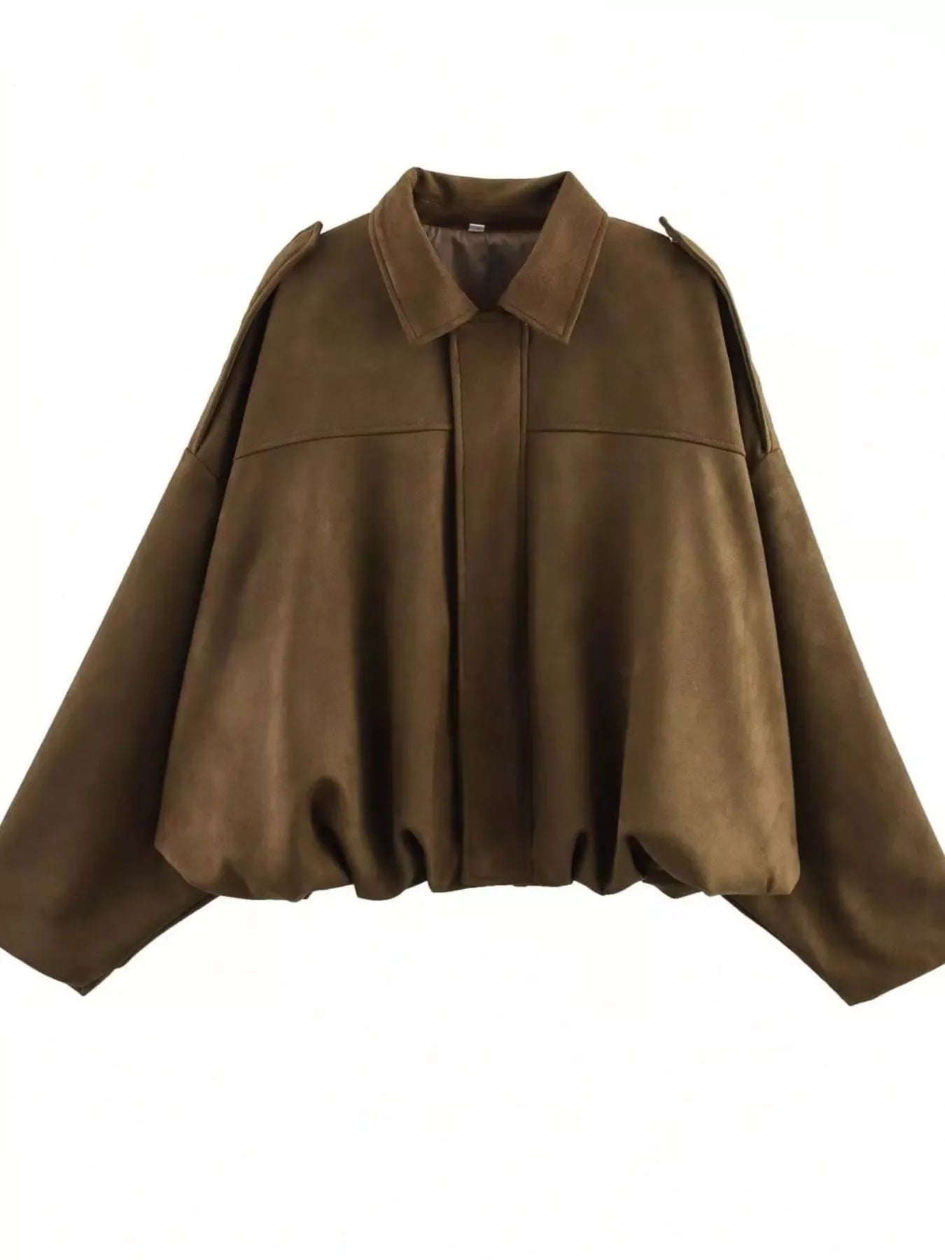 Brown oversized zip-up jacket with a collar and elasticated hem