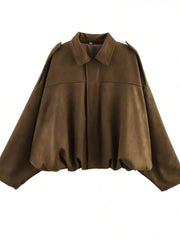 Brown oversized zip-up jacket with a collar and elasticated hem
