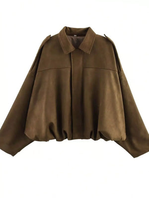 Brown oversized zip-up jacket with a collar and elasticated hem