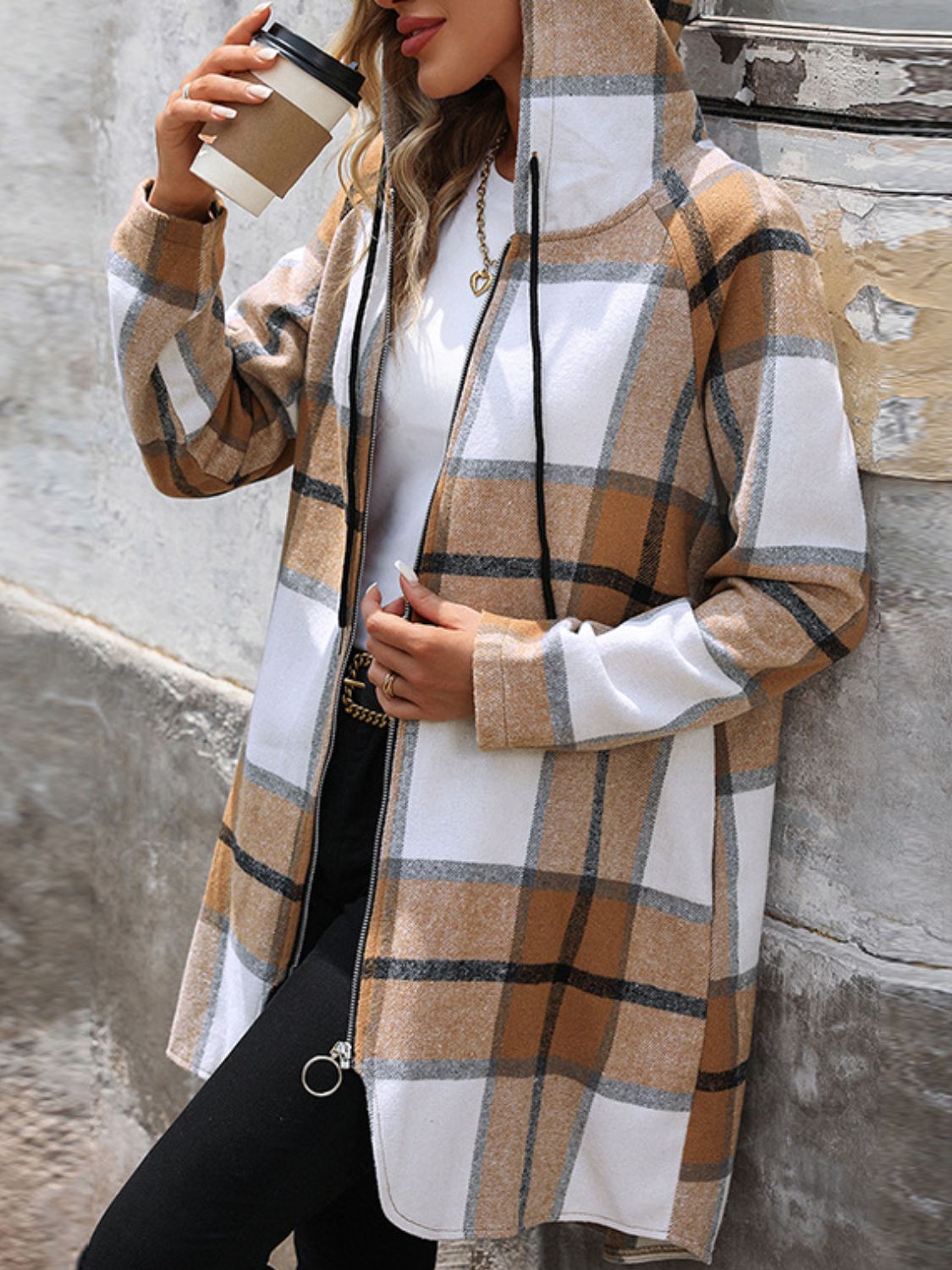 Longline plaid hoodie jacket in camel with zipper closure and hood.