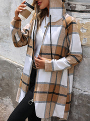 Longline plaid hoodie jacket in camel with zipper closure and hood.