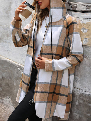 Longline plaid hoodie jacket in camel with zipper closure and hood.