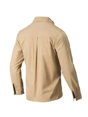 Khaki Oxford button-down shirt with relaxed fit, long sleeves, and back pleats.