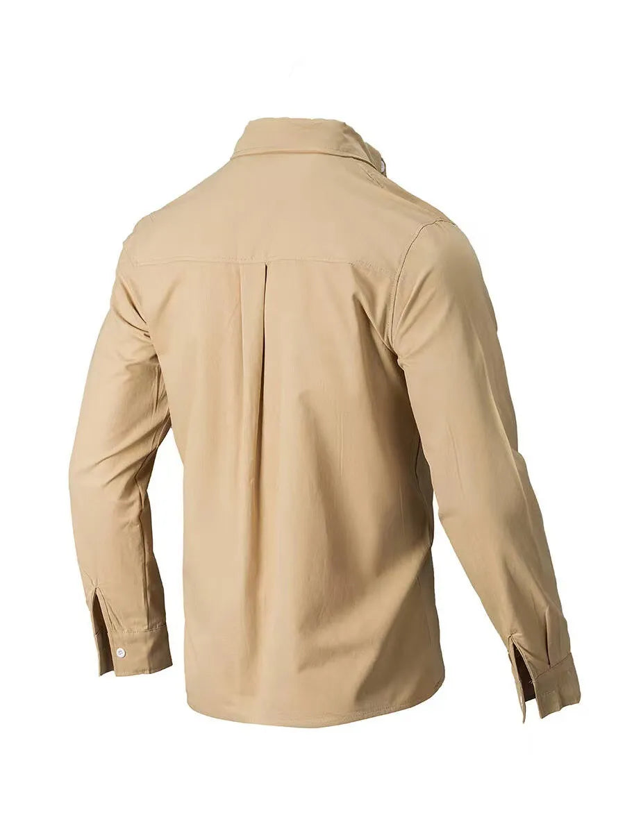Khaki Oxford button-down shirt with relaxed fit, long sleeves, and back pleats.