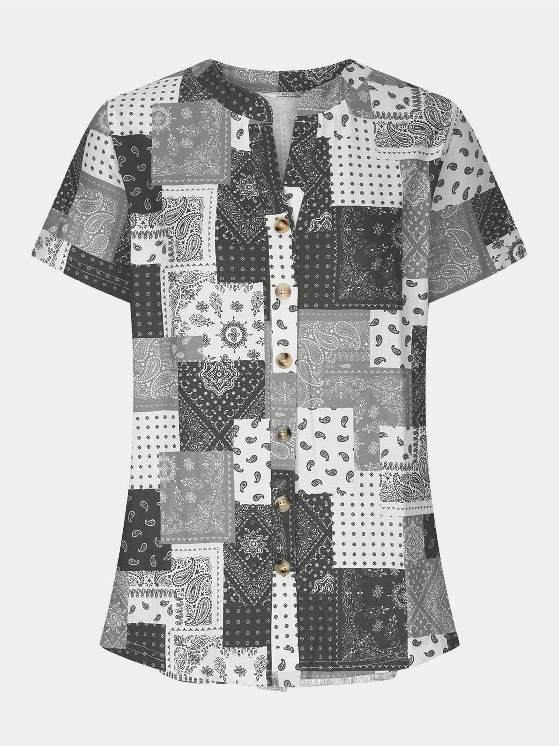 Gray bandana patchwork henley blouse with button front and short sleeves.