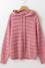 Dusty pink openwork knit hoodie with drawstring and ribbed cuffs and hem.