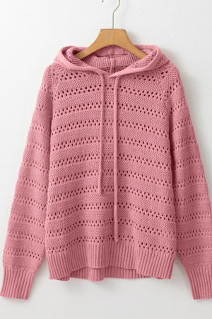 Dusty pink openwork knit hoodie with drawstring and ribbed cuffs and hem.