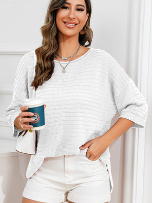 White textured knit sweater with boat neck and slit hem