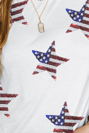 White tee with allover sequin American flag stars pattern