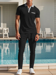 Men's Short Sleeve Polo And Pants Set Plus Size in Blue, back view