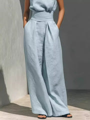 Sleeveless Wide-leg Jumpsuit With Smocked Waist in Apricot, fabric detail