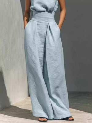 Sleeveless Wide-leg Jumpsuit With Smocked Waist in Apricot, fabric detail