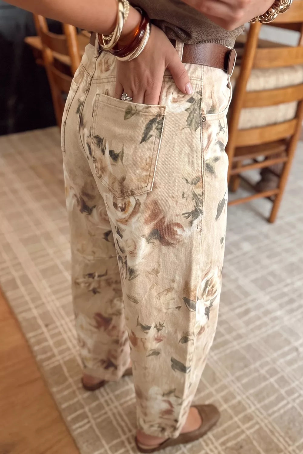 Retro Floral Print Relaxed Barrel Jeans in Beige, model styling view