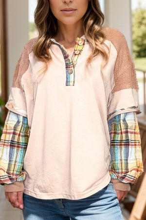 Raglan plaid cuff henley top in tan with button detail and contrasting sleeves.