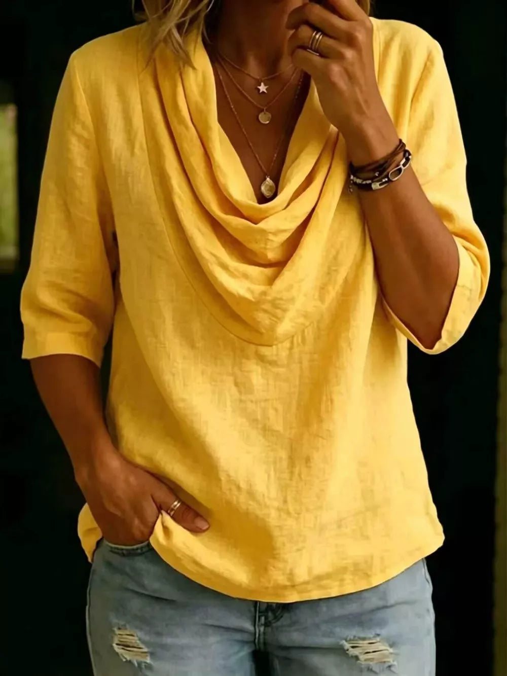 Full Size Cowl Neck 3/4 Sleeve Top Plus Size, product detail