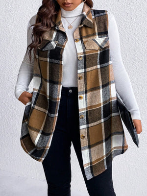 Oversized plaid shirt vest in brown, black, and camel with button front and chest pockets.