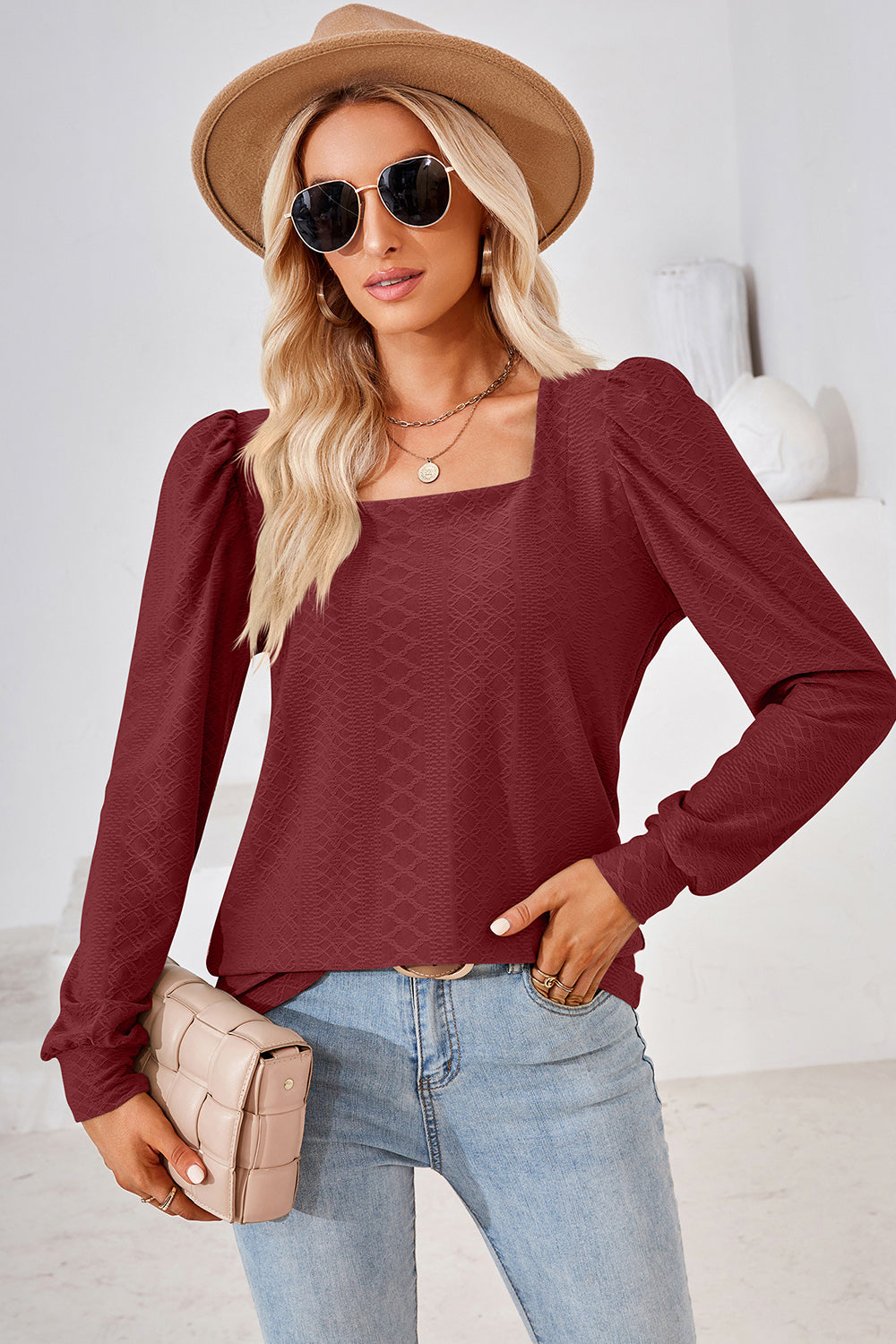 Burgundy diamond-textured puff sleeve blouse with square neckline