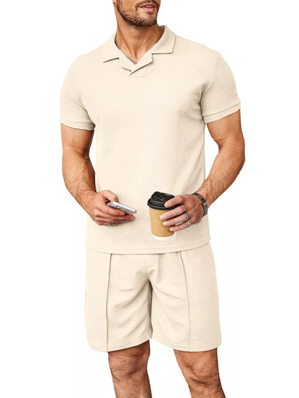 Men's Casual Short Sleeve Polo And Shorts Set in Royal Blue, side view