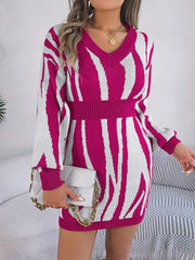 Zebra stripe knit fit-and-flare dress in cerise with V-neck and long sleeves