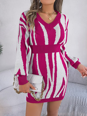 Zebra stripe knit fit-and-flare dress in cerise with V-neck and long sleeves