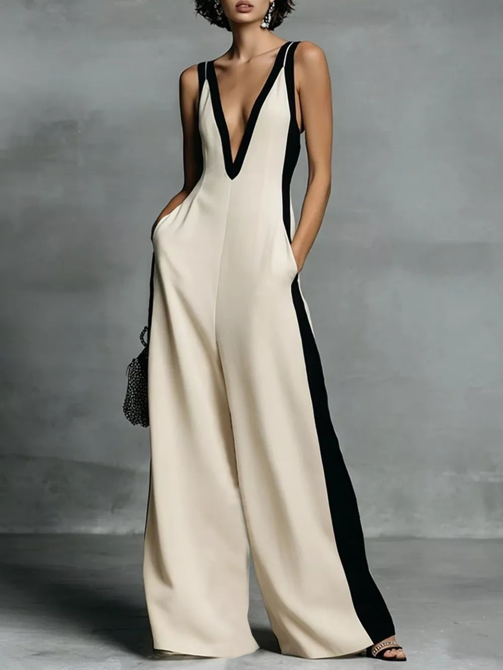 Deep V-neck Wide-leg Jumpsuit, fit detail