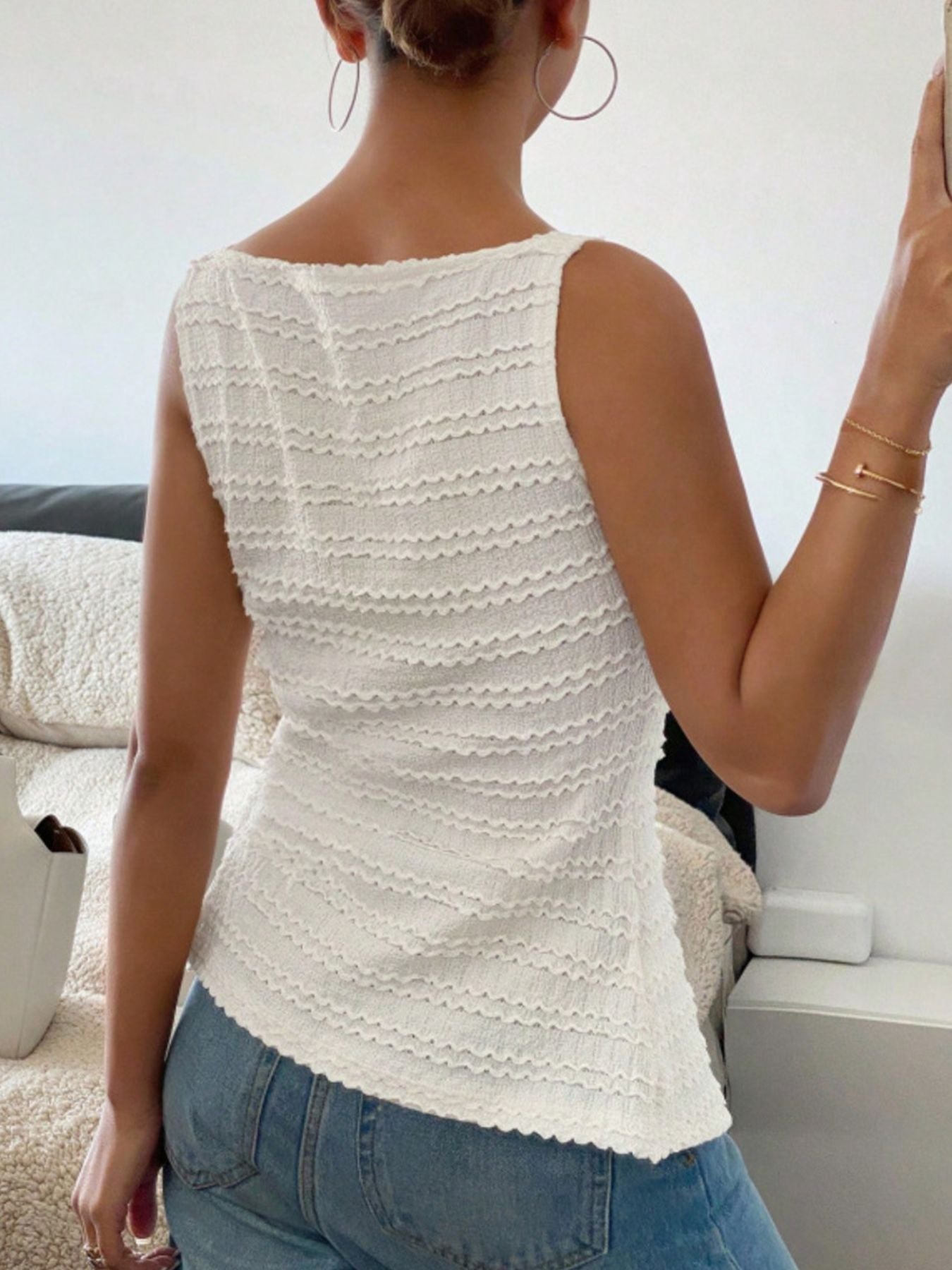 White wavy textured button-front tank top with a square neckline.