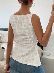 White wavy textured button-front tank top with a square neckline.