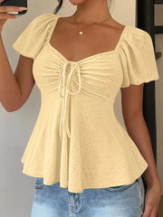 Ruched Flutter Sleeve Peplum Top in Yellow, view 11
