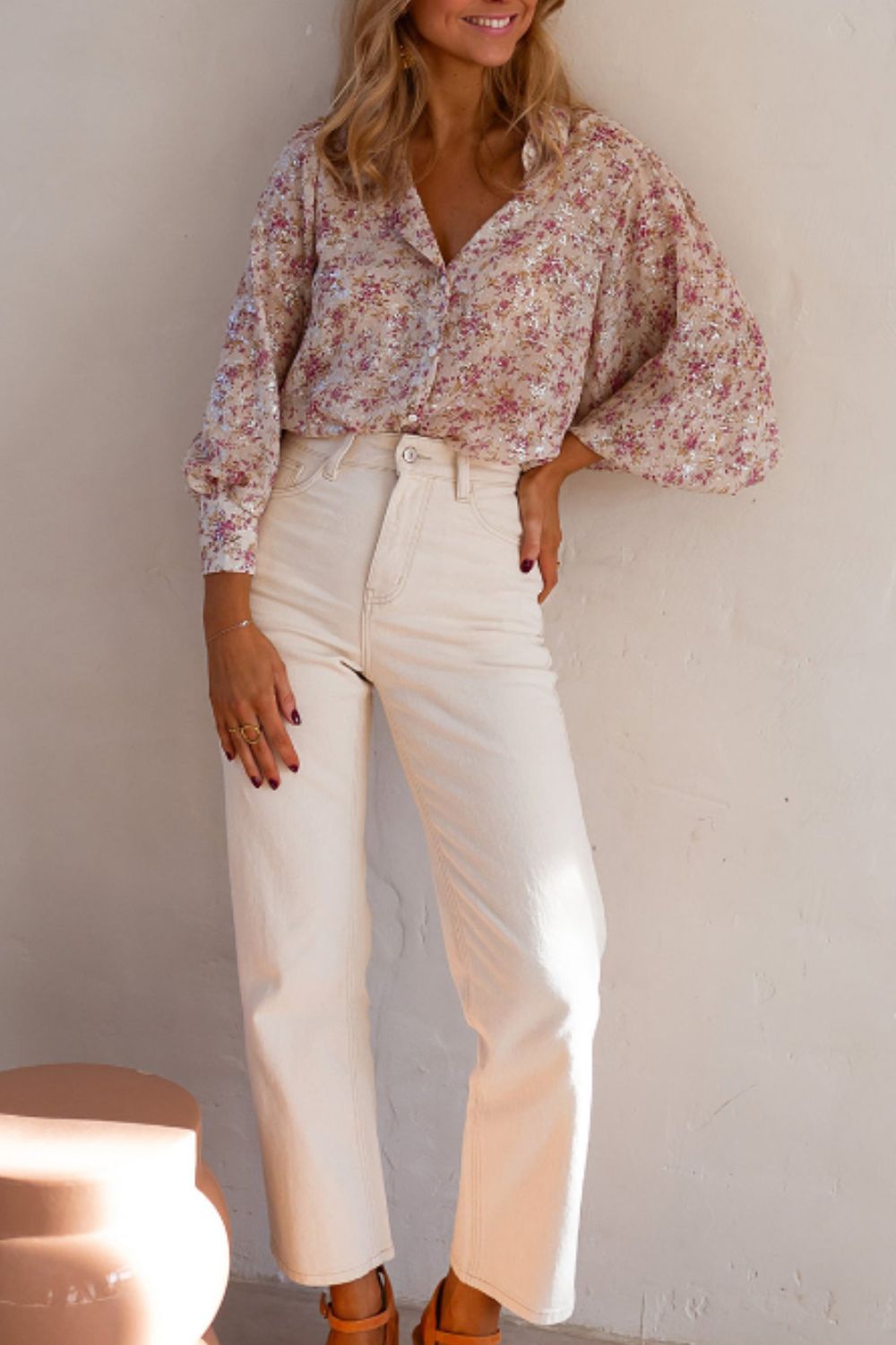 Sequin floral print relaxed fit blouse in dusty pink with balloon sleeves and a button-down front.