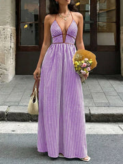 Chic striped halter neck maxi gown in lavender with plunging neckline and tie detail.
