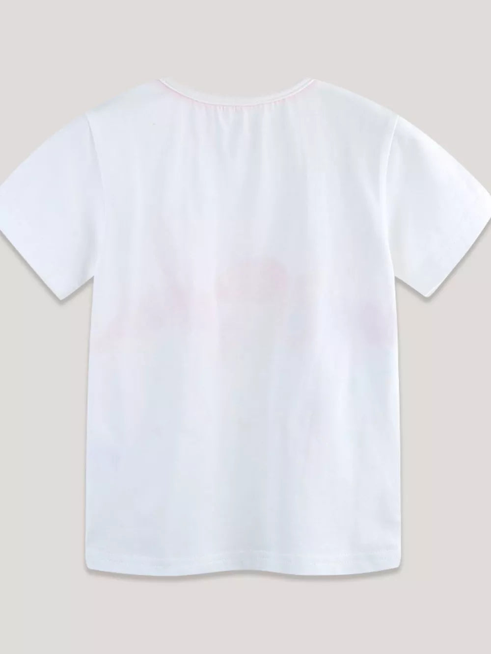 White cotton crew neck t-shirt with faint pink flamingo print detail.