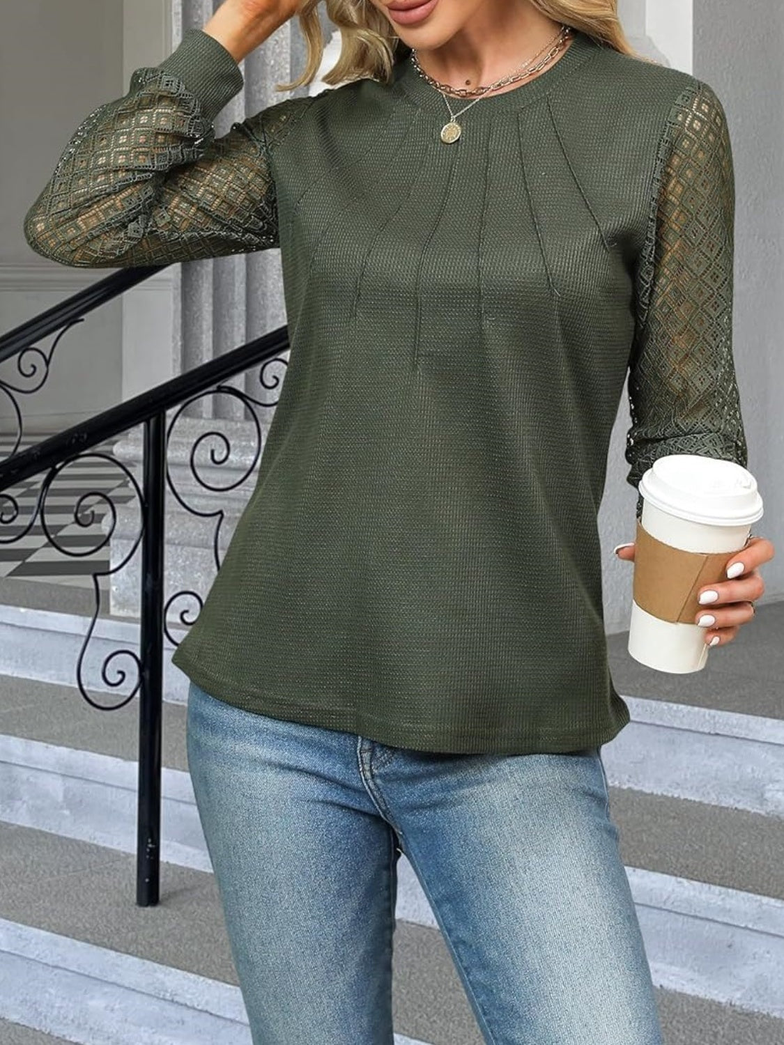 Matcha green waffle knit top with lattice detail long sleeves and crew neck.