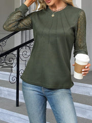 Matcha green waffle knit top with lattice detail long sleeves and crew neck.