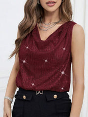 Burgundy sequin drape neckline tank top with a textured pattern.