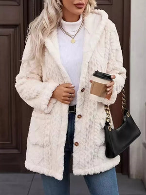 Plush hooded fleece trench coat in cream with button-down front and pockets.