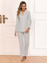 Polka dot pajama set with collared top and pants, white with black dots and pink trim