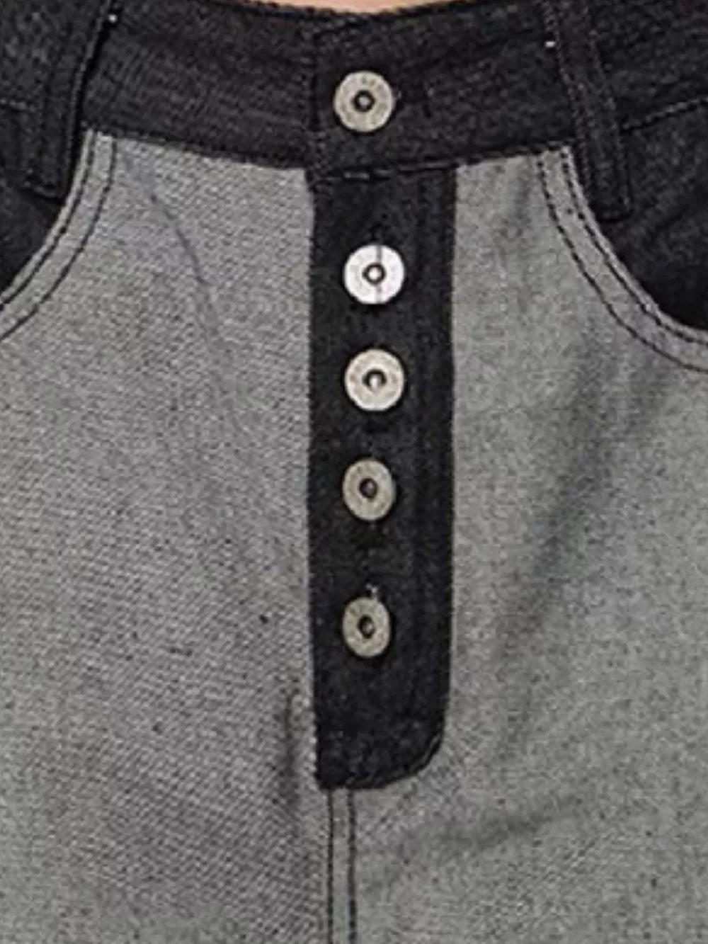 Men's grey and black cotton jeans with button fly and contrast stitching.