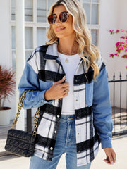 Colorblock plaid denim hybrid shacket in dusty blue with a collared neckline and button front.