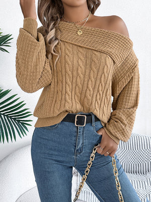 Camel off-shoulder cable knit pullover sweater with asymmetrical neckline and wide sleeves.