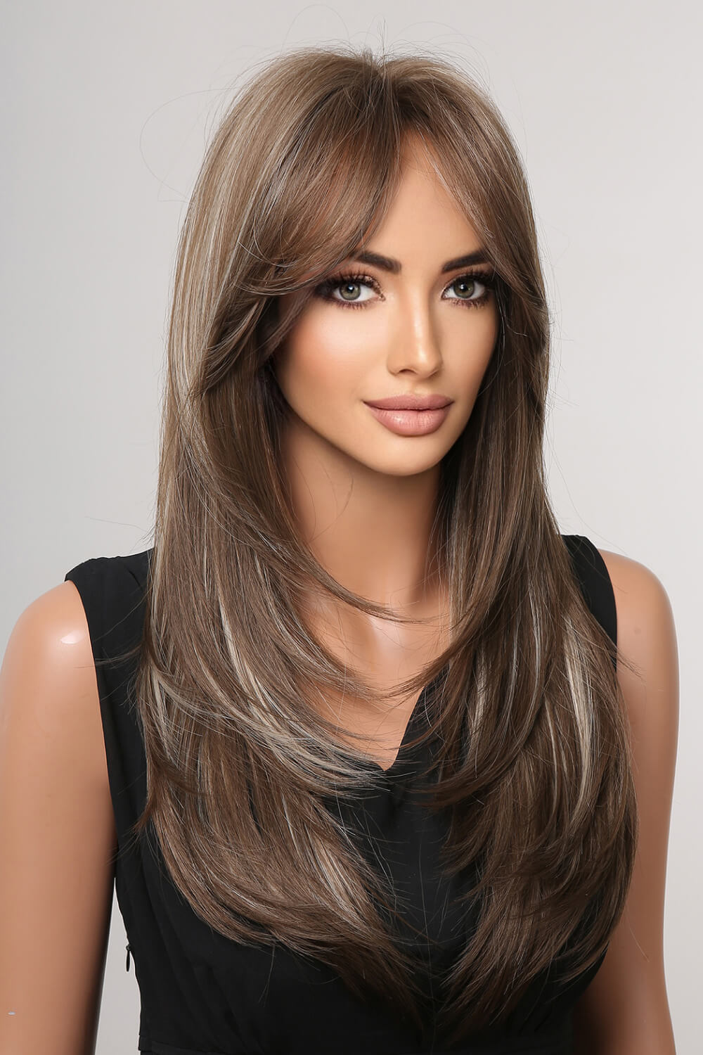 Layered brown and blonde highlights synthetic wig with bangs