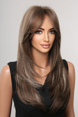 Layered brown and blonde highlights synthetic wig with bangs